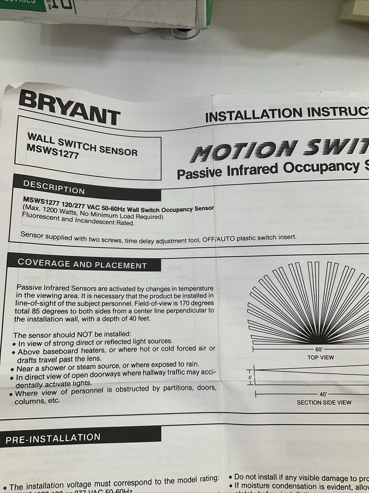 Bryant Infrared Motion Switch MSWS1277