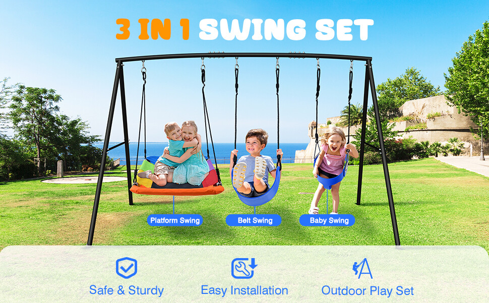 440lbs 4 IN 1 Backyard Metal Swing Set with Three Swing Heavy Duty A-Frame Stand