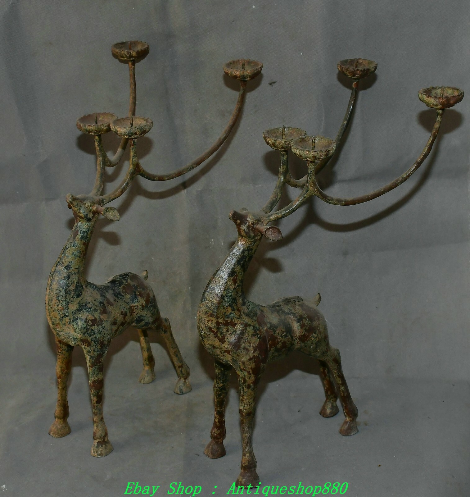20.8'' Old China Dynasty Bronze Ware Deer Candle Holder Candlestick Statue Pair