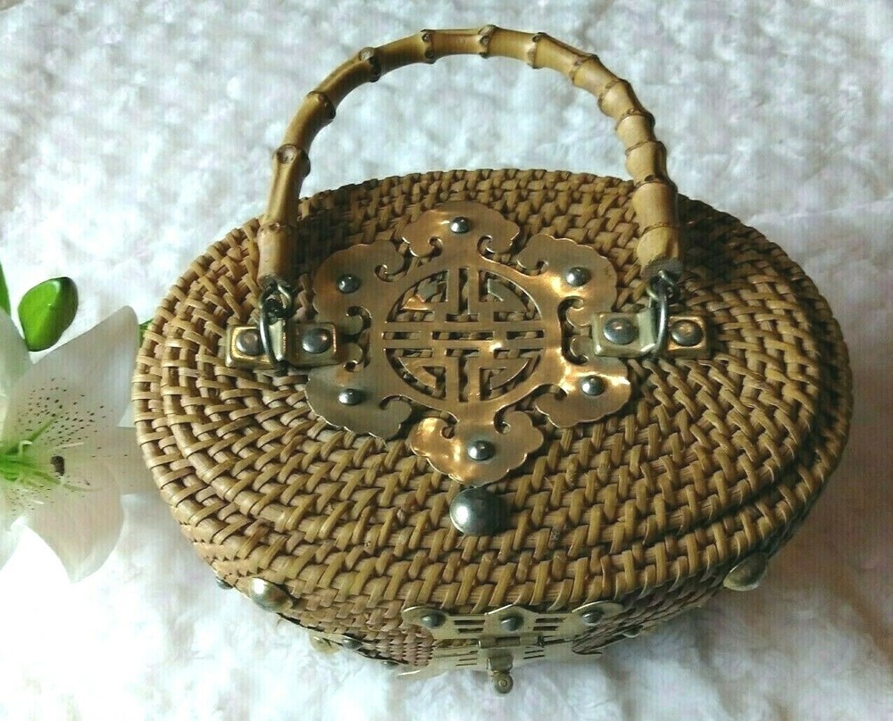 Brown Wicker Basket Handbag Purse Brass