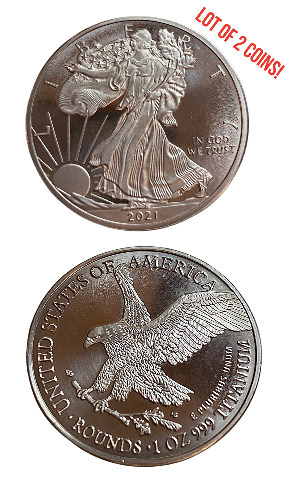 TWO 1 TROY OUNCE/OZ .999 Pure TITANIUM Metal Walking Liberty/Eagle Rounds/coins