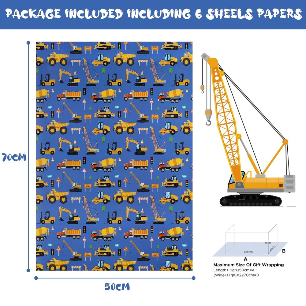 Birthday Wrapping Paper Construction Design 6 SheetsRoad Under Construction E...