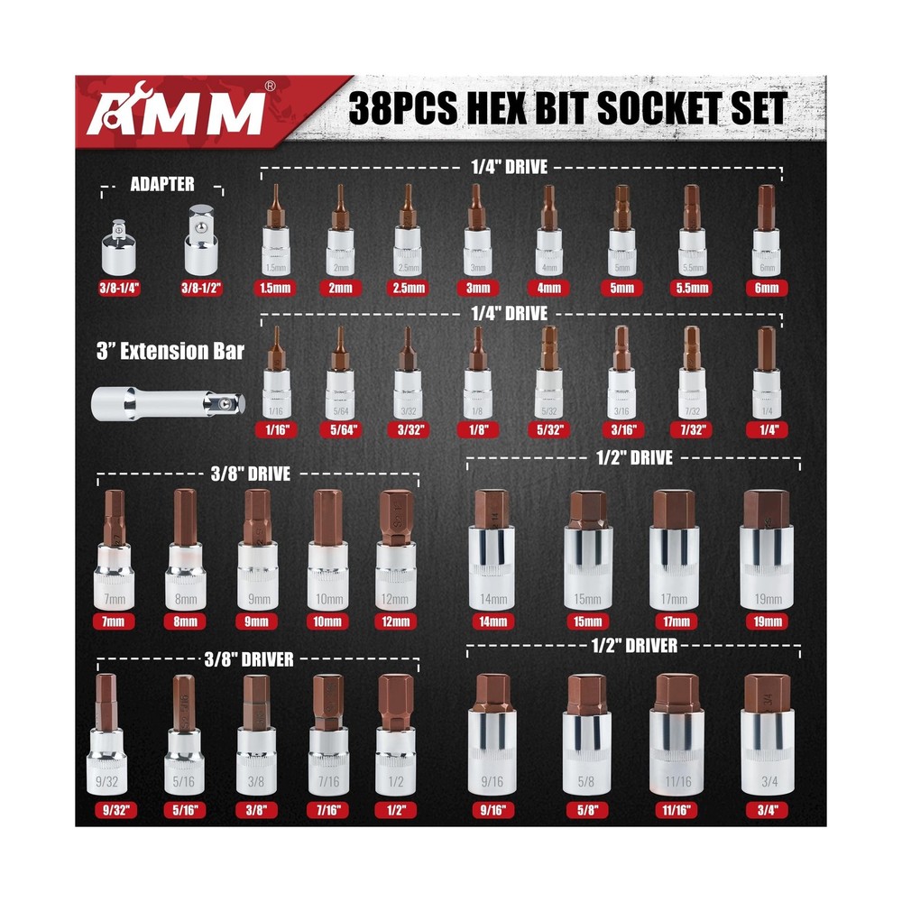 AMM 38PCS Master Allen Socket Set，SAE and Metric Hex Bit Socket... Fast U