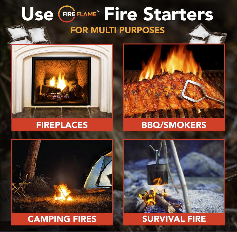 100 Pouches Fireflame Quick Instant Fire Starter - 100% Waterproof, Odorless