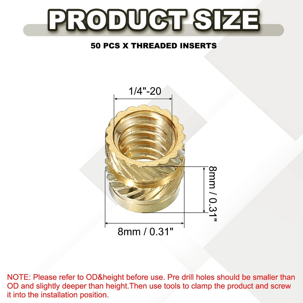 50 Pcs 1/4"-20x8x8mm Threaded Inserts Brass Knurled Nuts Gold