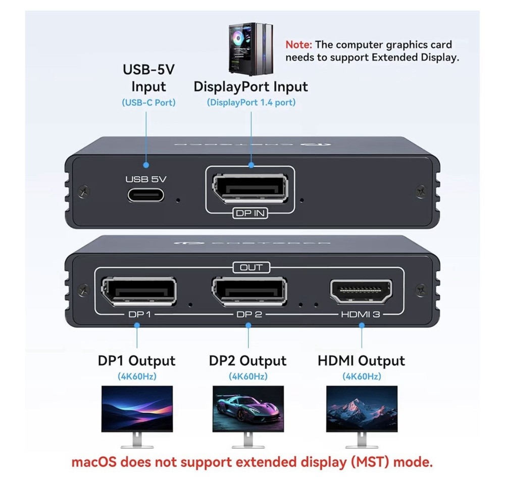 CMSTEDCD KVM Switch Box 1:3 USB-C DisplayPort HDMI Powered Multi-Display Adapter