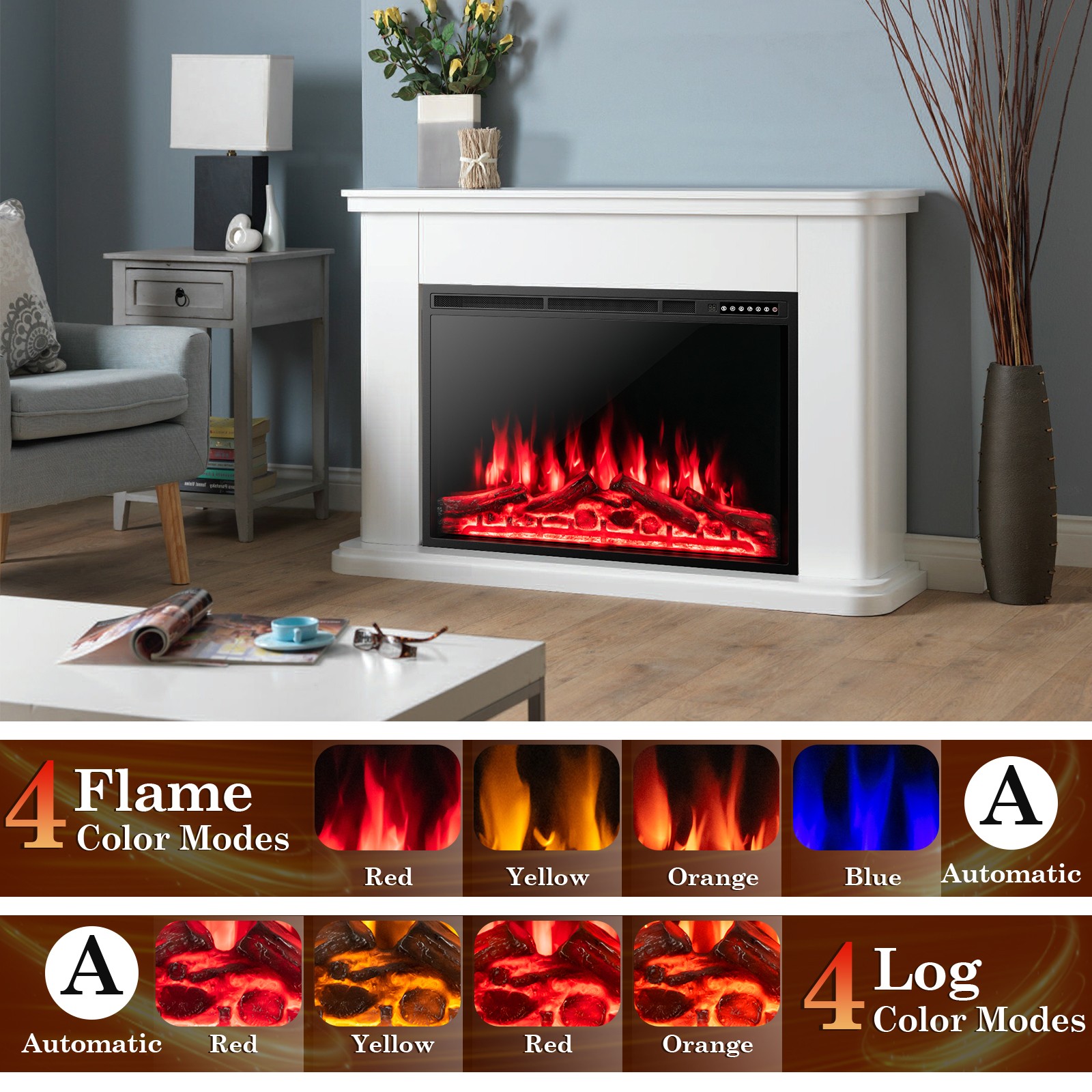 37" Electric Fireplace Insert Heater Log Flame Effect w/ Remote Control 1500W