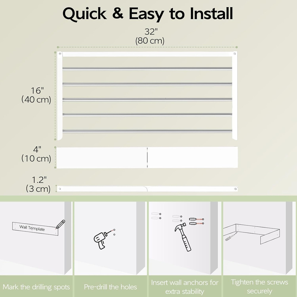 Wall Mounted Clothes Drying Rack 32", Foldable Wall Mount Laundry Rack Folding I