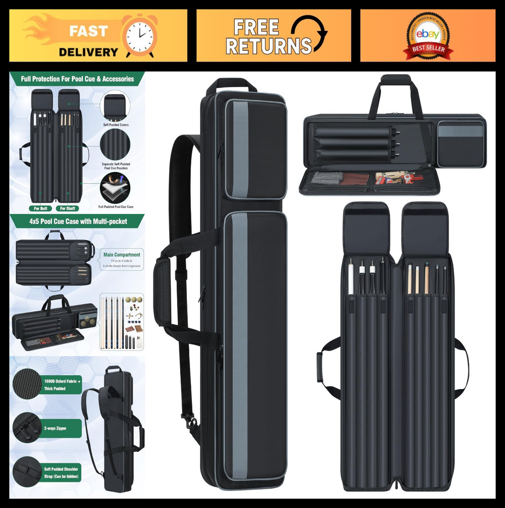 Padded Pool Cue Case 4x5, Soft Billiard Stick Bag with Multi-Pockets & Backpack