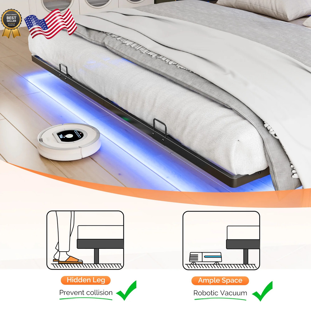 KING SIZE Floating Platform Bed Frame With Charging Station Storage Headboard