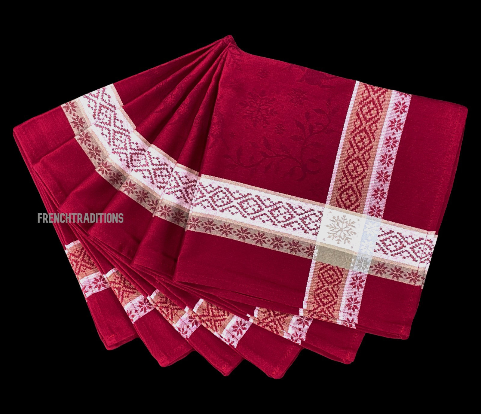 French Provencal Set of 6 Napkins Edelweiss, Reindeers Noel Red Made In France