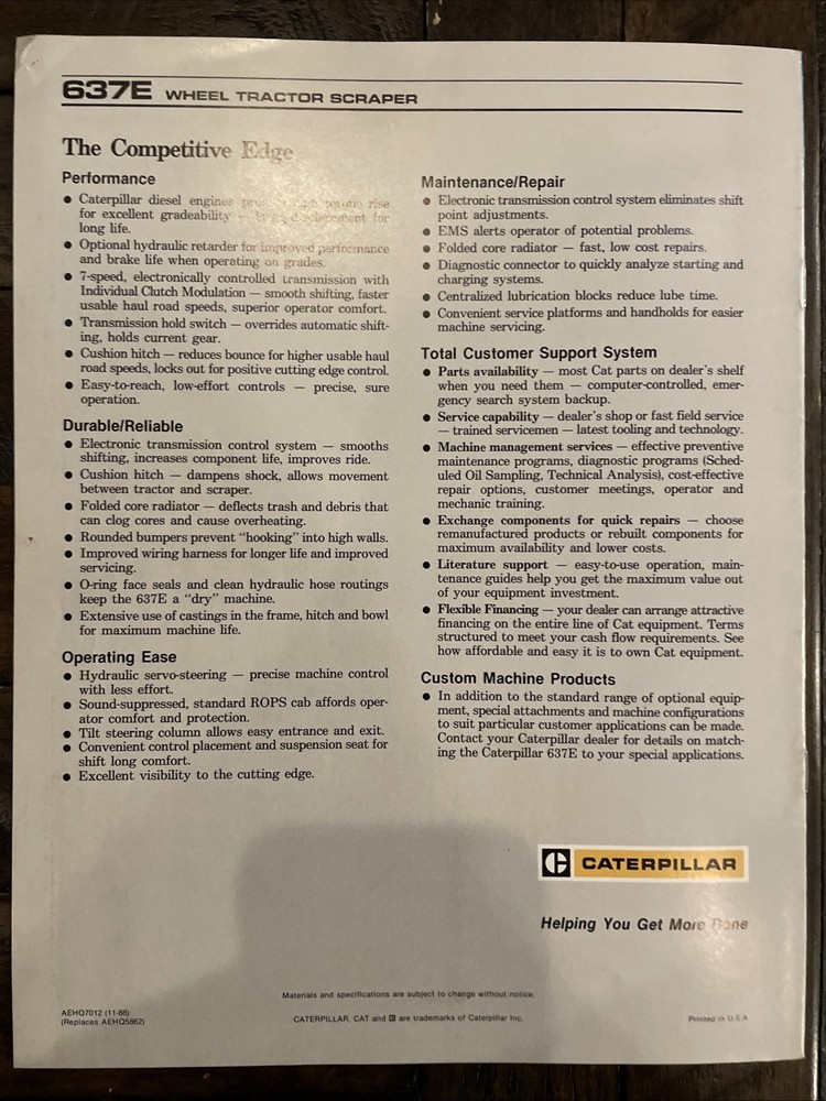 Caterpillar 637E Wheel Tractor Scraper Brochure ‘88