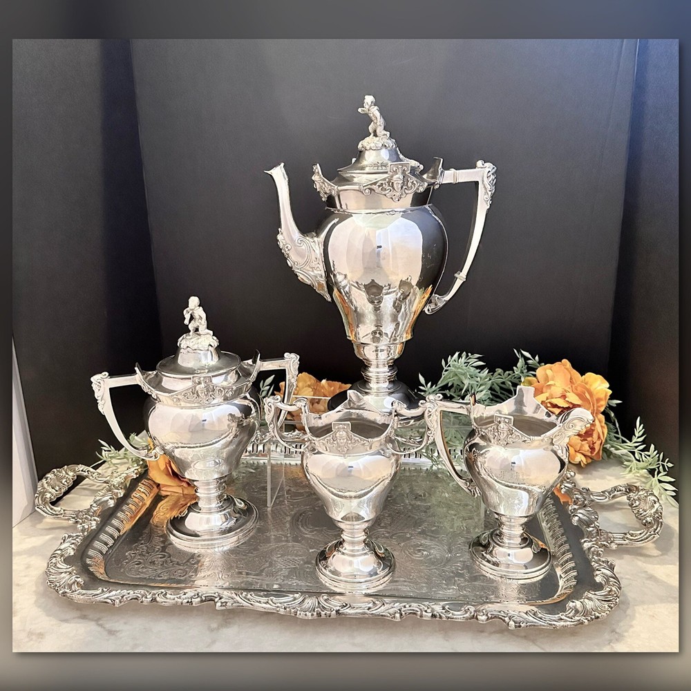 Meridian Britannia Silver Plated Tea Set Victorian Figural Late 19th c. Antique