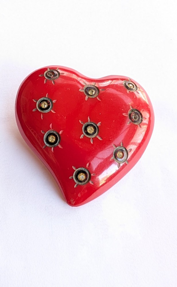 Bakelite Red Heart With Rhinestones