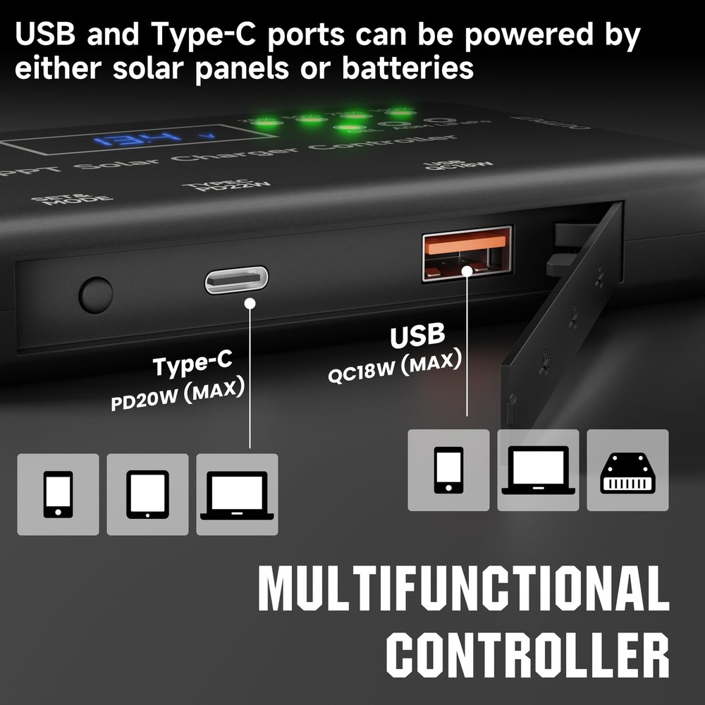 MPPT Solar Charge Controller 12V 10A, Solar Panel Charge Controller with Type...