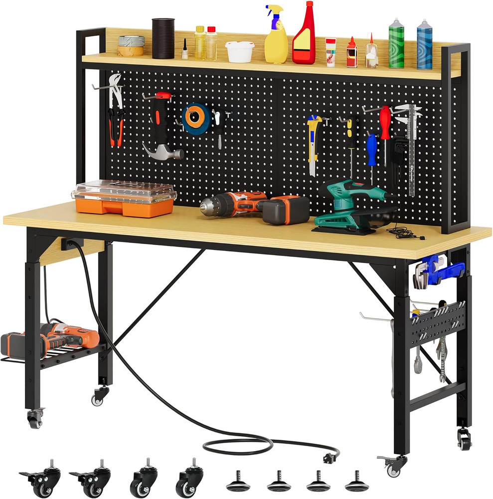 YITAHOME 60" Adjustable Workbench with Pegboard, Wheels & 1600 LB Capacity, Roll