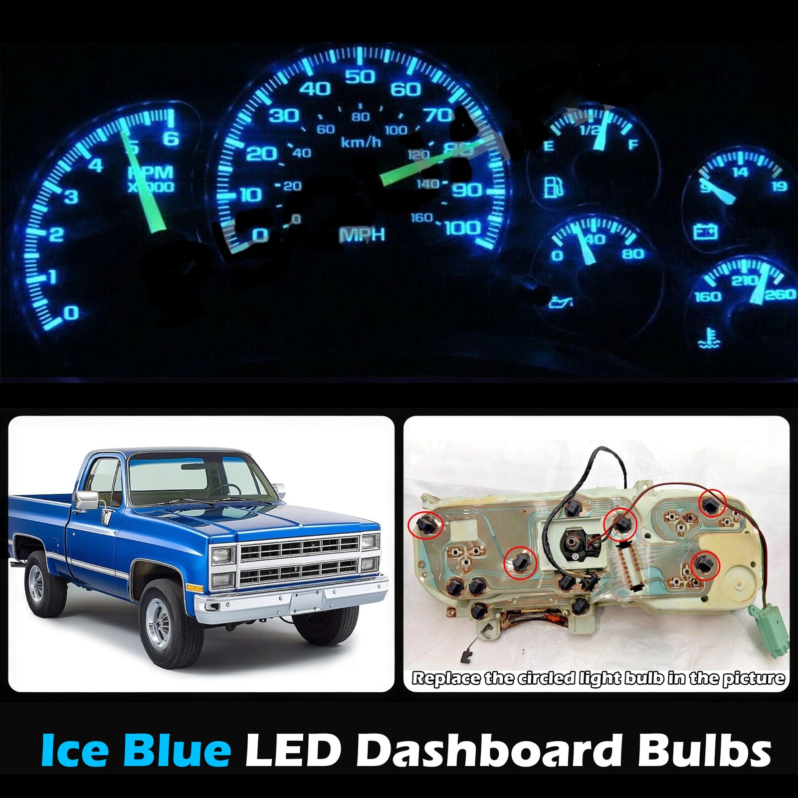 Ice Blue Gauge Cluster LED Dashboard Bulbs For Chevy 73-87 K10 K20 K30 Truck