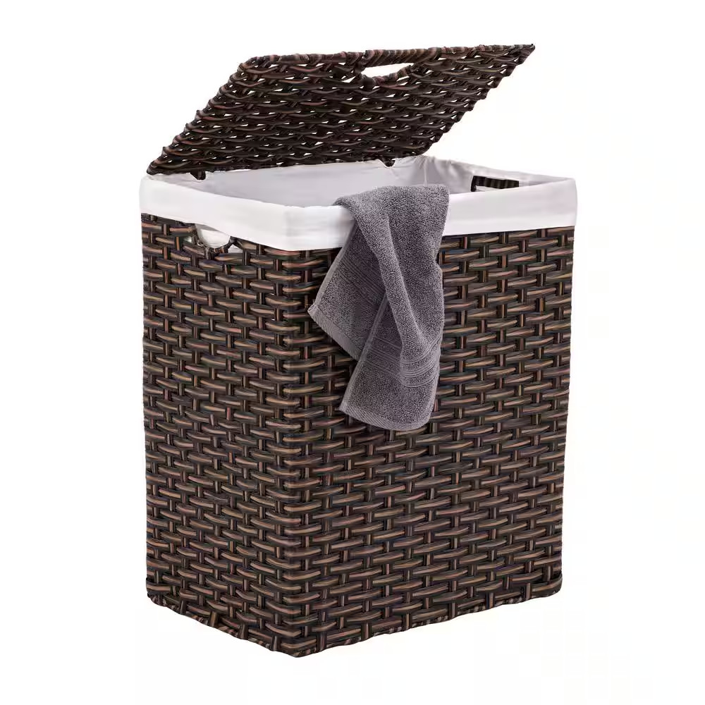 Laundry Hamper Basket Lidded Rectangular Brown Collapsible Wicker Washable Liner
