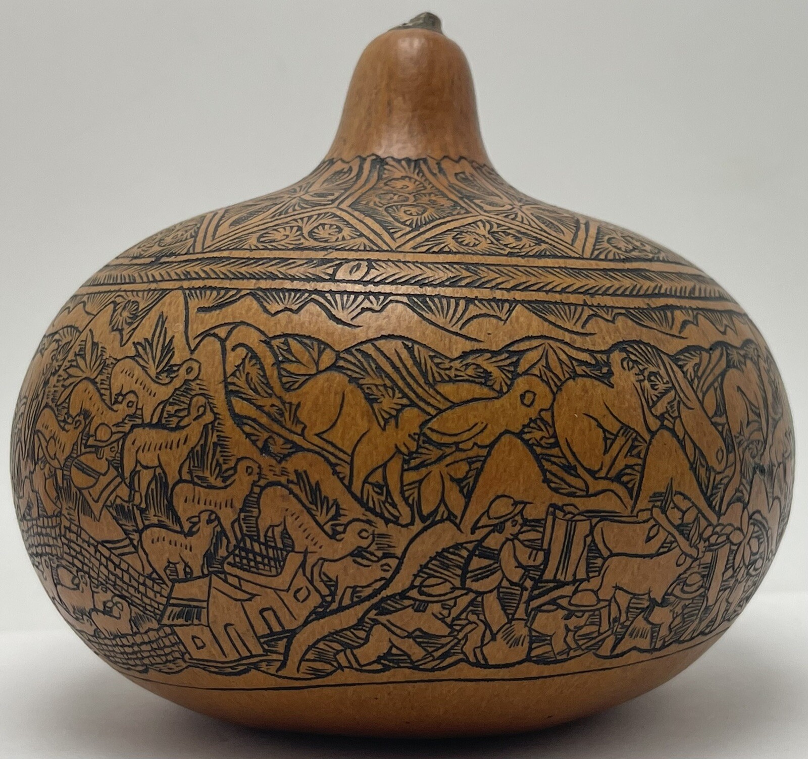 Vintage Peruvian Story Telling Gourd Finely Detailed Hand Carved Rattle