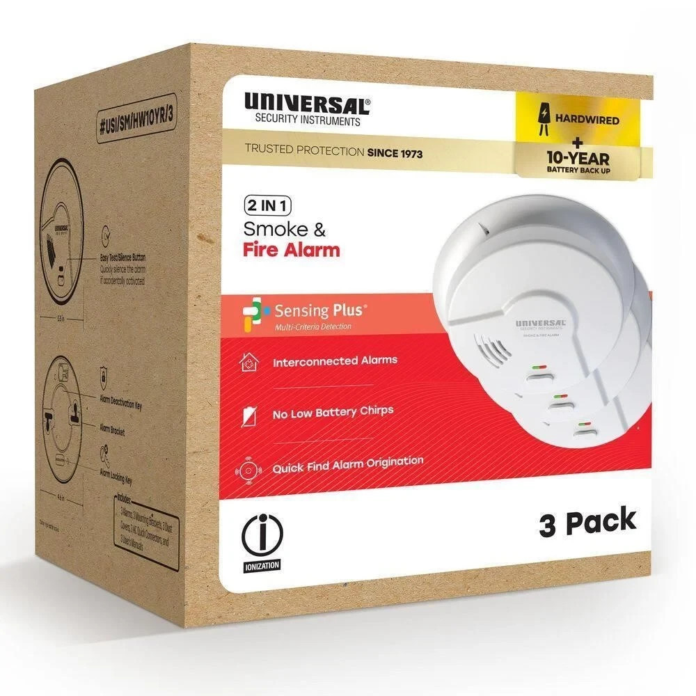 Universal Security 3 Pack Hardwired Smoke Detector W/ Ionization Sensor SEALED