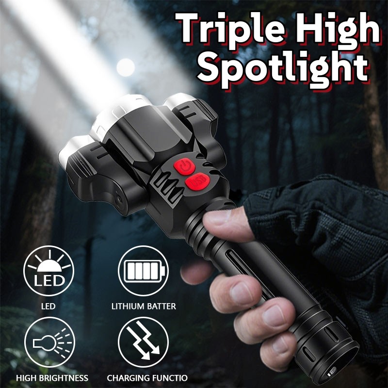 Super Bright 3 Head LED Flashlight Rechargeable Tactical Flashlights Work Light