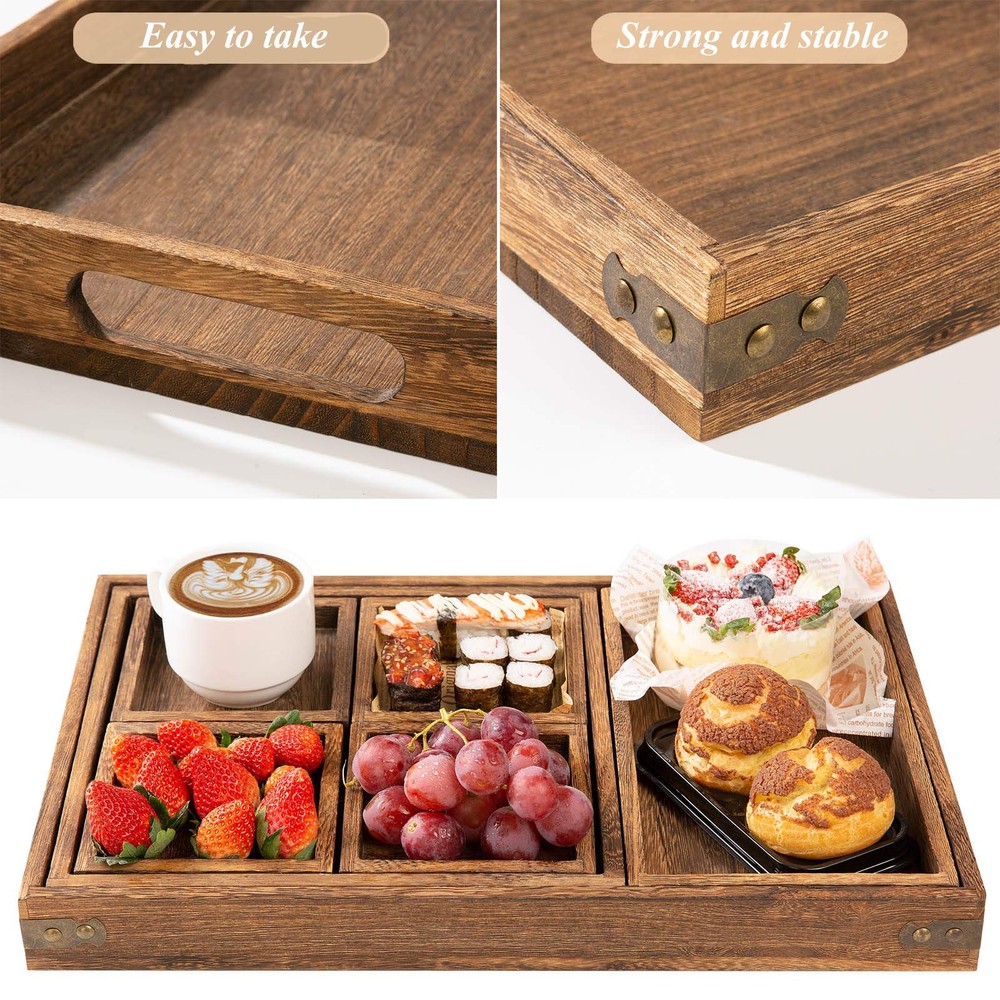 Rustic Wooden Serving Trays with Handle - Set of 7 Rectangular Platters for E...