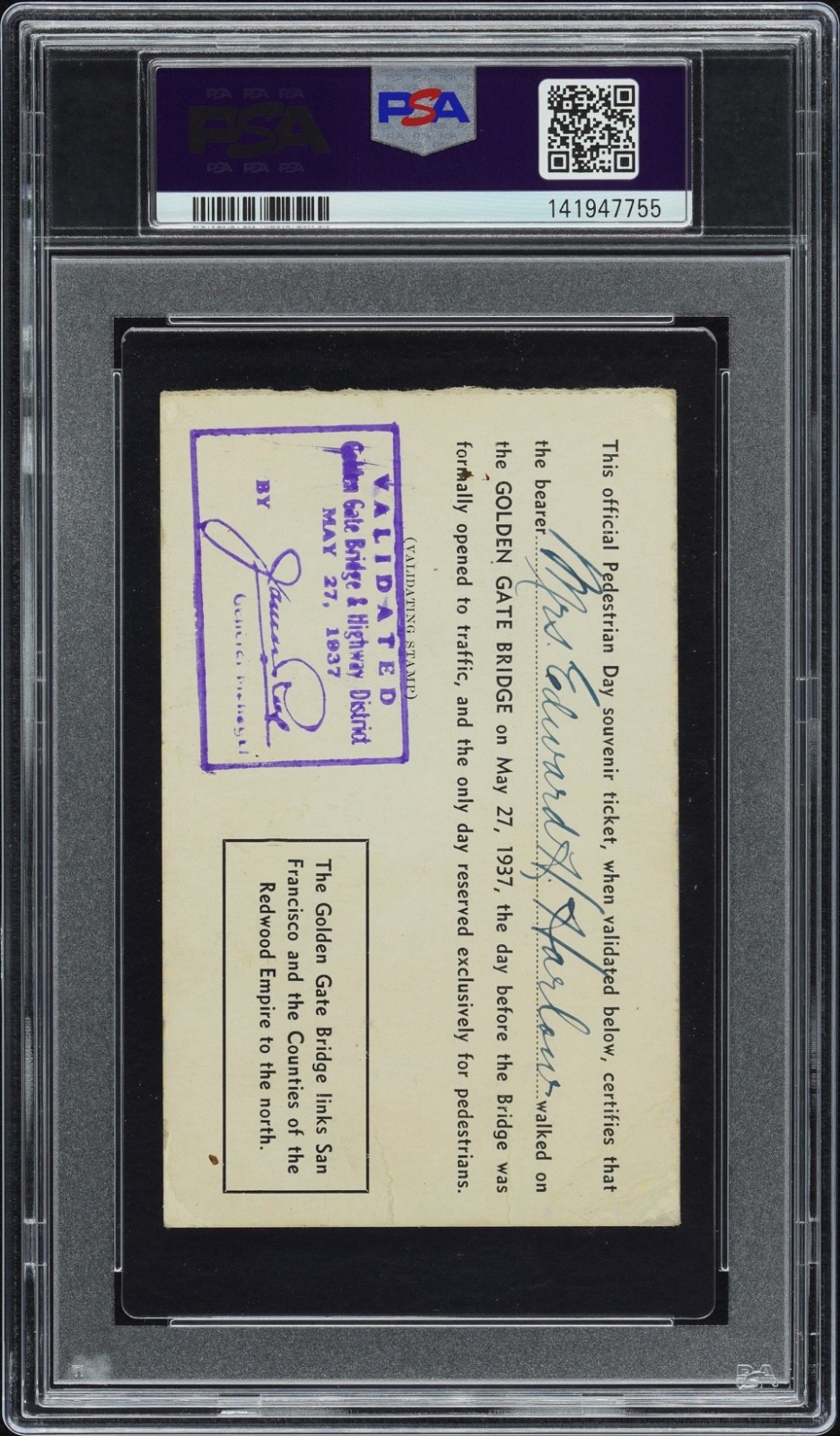 1937 Golden Gate Bridge Official Pedestrian Day Ticket PSA Authentic