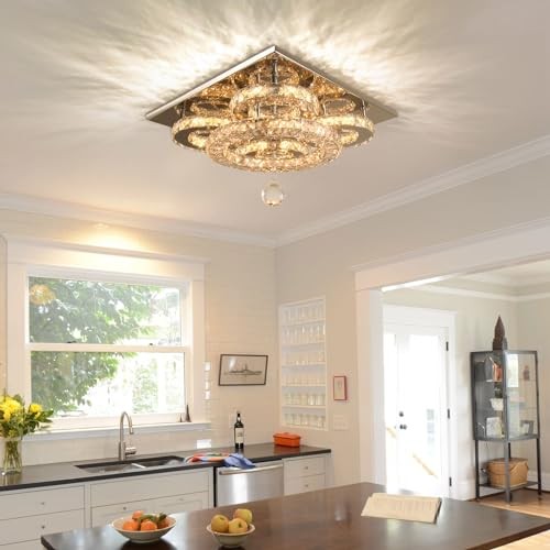 Modern 5-Ring Crystal Ceiling Light, 13.3" Dimmable LED Flush WCY Dimmable