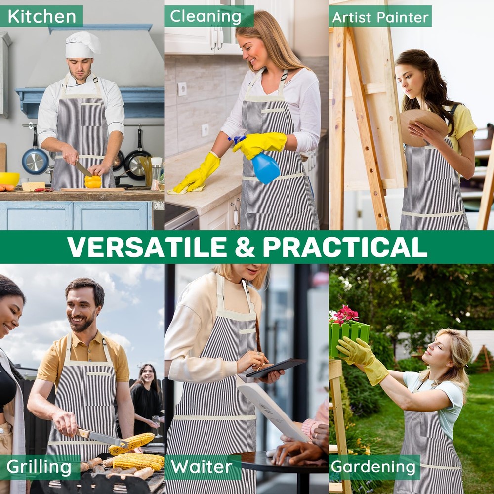 2 Pack Stripe Kitchen Apron, Adjustable Bib Apron with 3 Pockets, Chef Aprons...