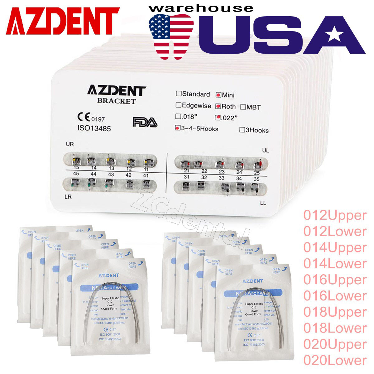 AZDENT Dental Orthodontic Brackets Mini Roth/MBT 022 Hooks 345/10Size Arch Wires