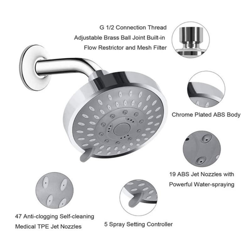 Shower Head High High Flow Pressure Rain Fixed Showerhead 5-Setting with