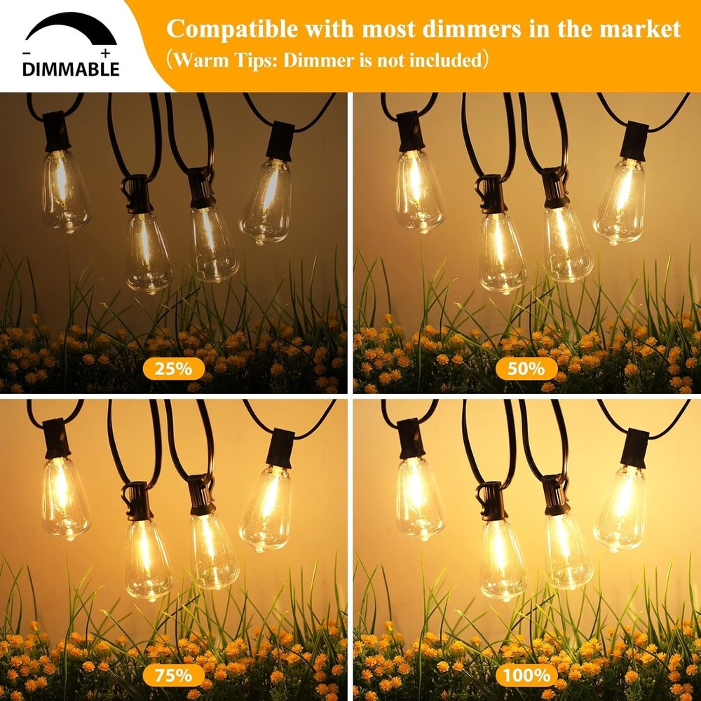100FT LED String Lights 52 ST38 Edison Bulbs Waterproof Dimmable