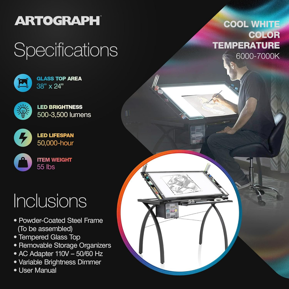 Adjustable Dimmable Light Tracing Table for Artists with Storage Solutions