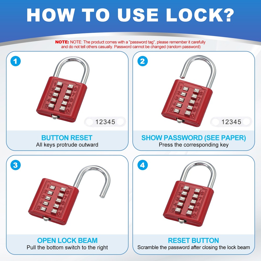 2Pcs Push Button Combination Padlock 10-Digit 5-Position Lock Black