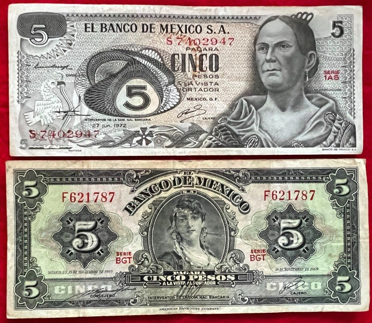 LOT of 10 MEXICO PESO BANKNOTES SERIES 1, 5,10,20,50,100,500,1000 BDM MEXICO ABN