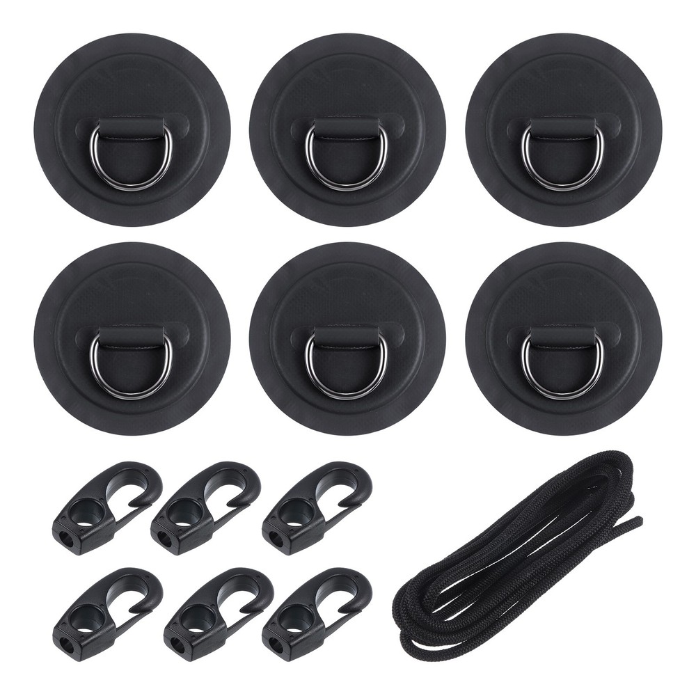 6Pcs Stainless Steel D-Ring Patch Patch with Elastic Cords and Hooks Black