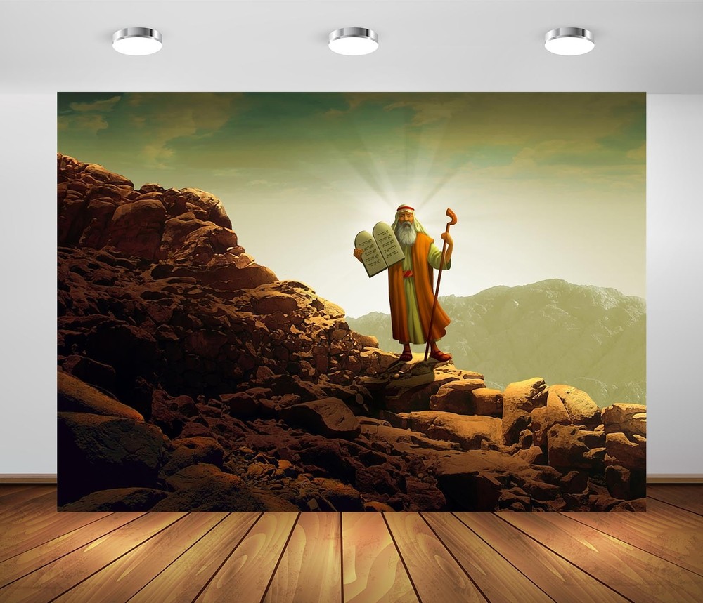 7x5ft Fabric Moses Backdrop Moses Holding Ten Commandments Tablets on Mount S...