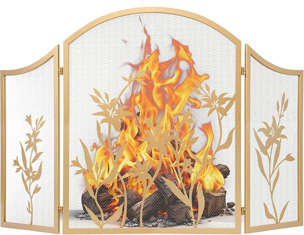 Fireplace Screen 3 Panel Folding Fireplace Screens 48.4 X 25.6 Inch Lily Pattern