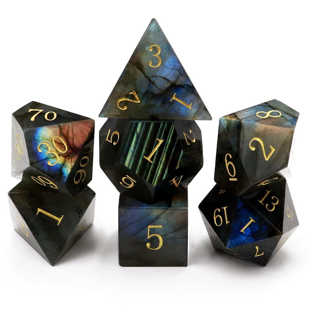 Haxtec Moonstone Dice Labradorite Gemstone Polyhedral DND Dice Set with Premi...