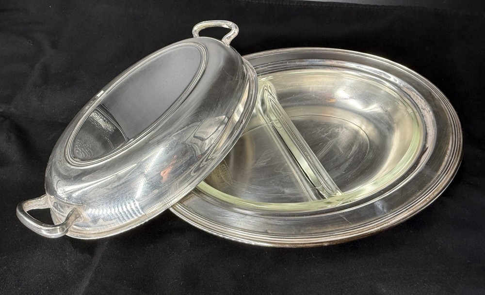 Crescent Silverware Co. Silverplate Split Serving Dish Covered W/ Glasbake
