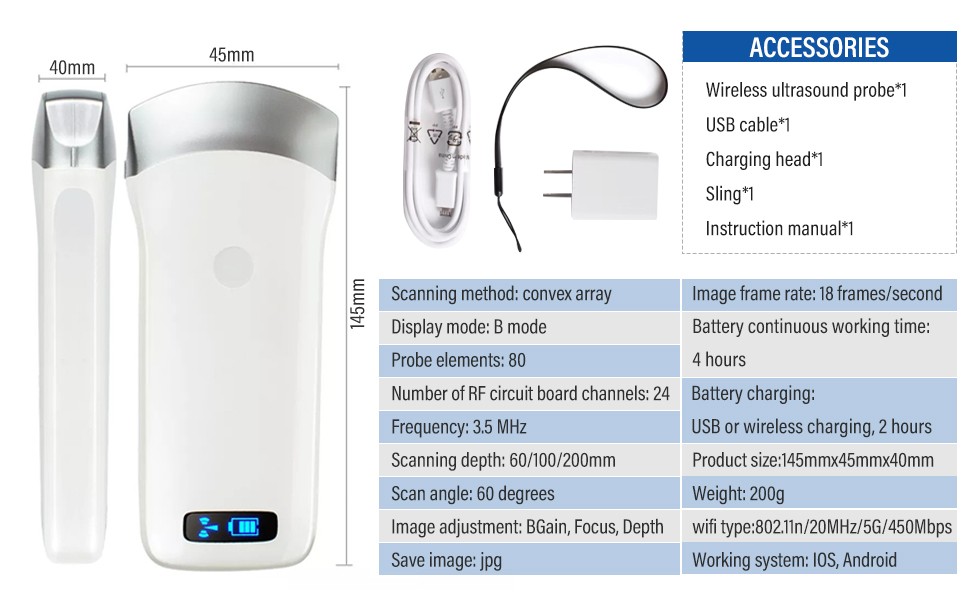 Portable 80/64 element Wireless Ultrasound Scanner Machine Android iOS Windows