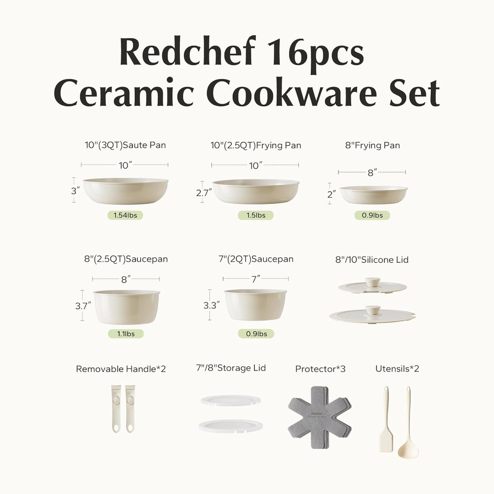 Ceramic Pots and Pans Set, Nonstick Kitchen Cookware Set with Detachable Handle,