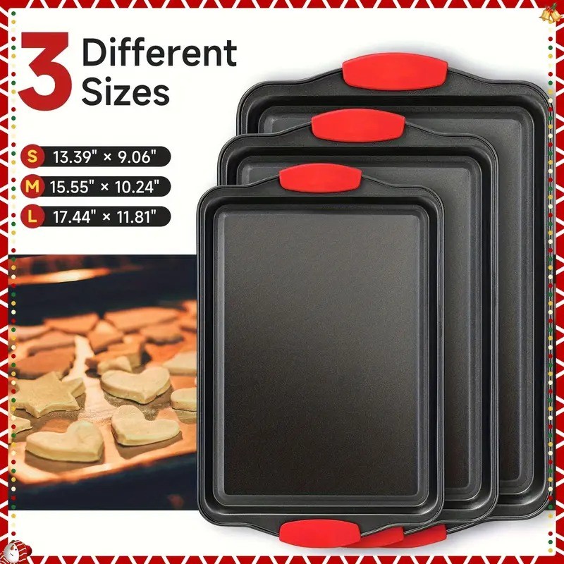 3PCS Kitchen Oven Baking Pans Nonstick Baking Sheets Set Metal Bakeware
