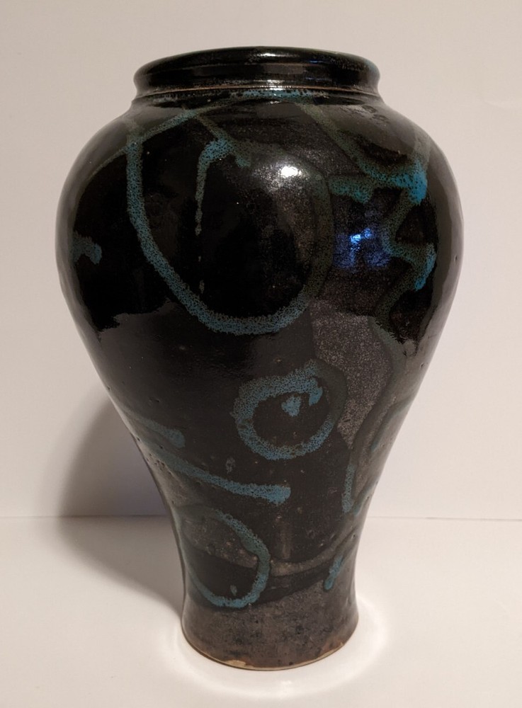 Studio Pottery Pot Vase Black Turquoise 10.5"