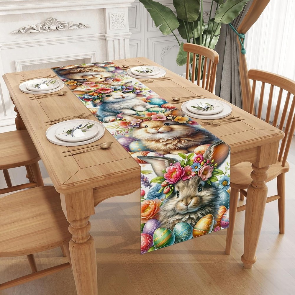 Watercolor Bunny Rabbit Flower Easter Table Runner Easter Spring Summer Home Kit