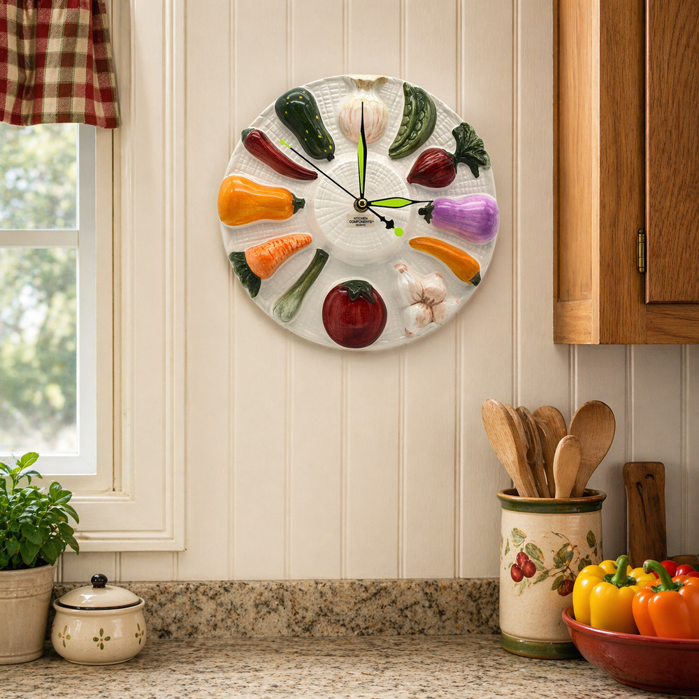 VTG AMC Kitchen Components 3D Vegetable Wall Clock Ceramic Quartz Works