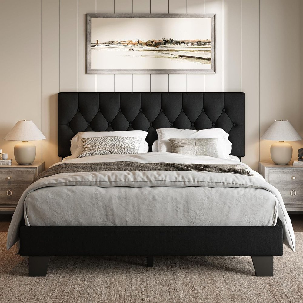 Ipormis Upholstered Full Size Bed Frame with Button Tufted Headboard, Linen Plat