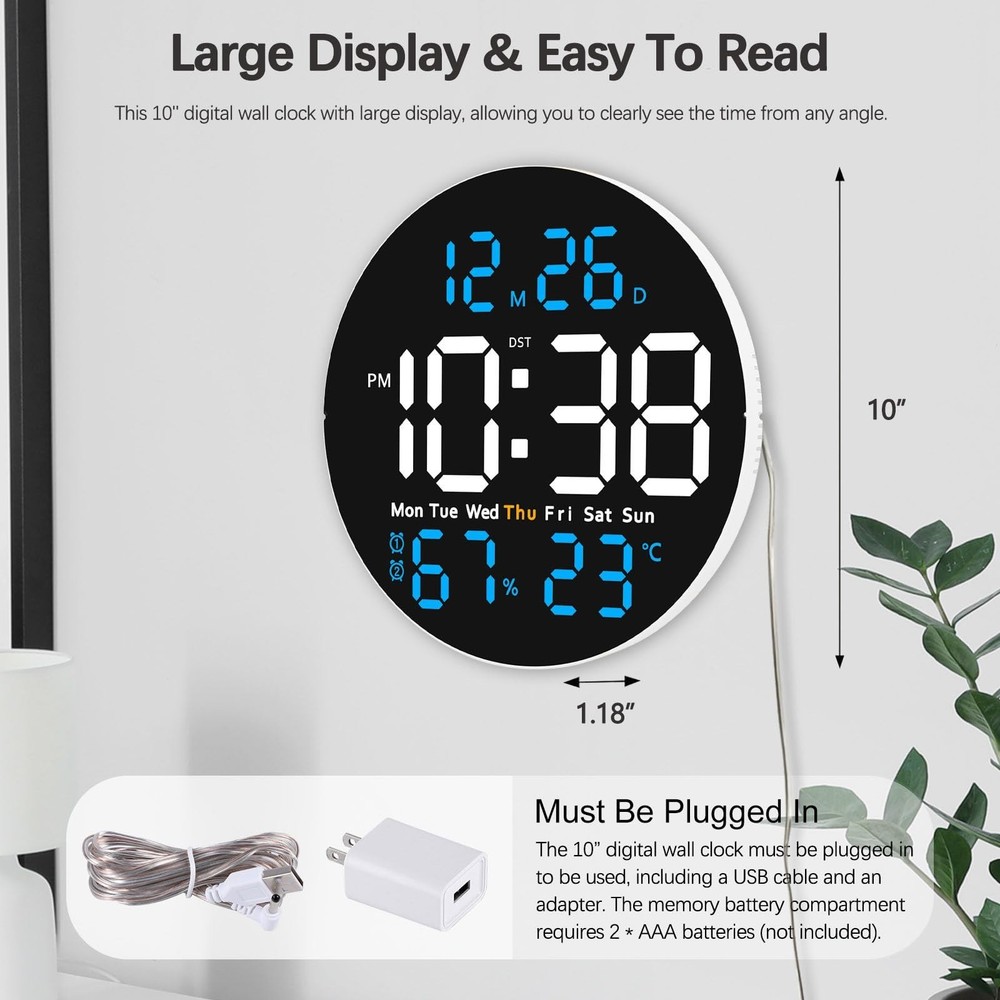 JoFomp 10" Large Digital Wall Clock with Remote Control, LED Display, Plug-in...