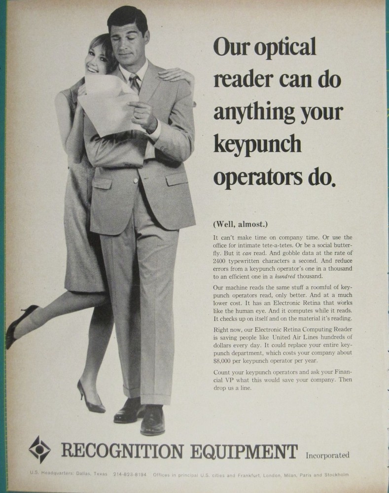 Print Ad Recognition Equipment Optical Reader Ad 1960s Tech Keypunch Efficiency