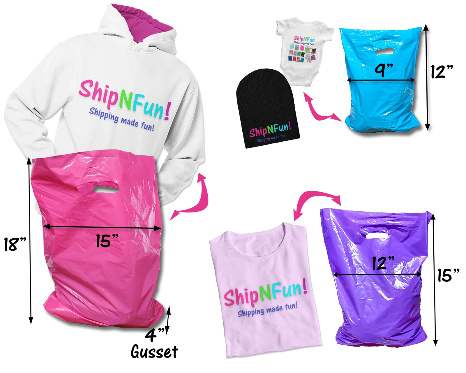 100 Pack Plastic Merchandise Bags, 3 Sizes, 9x12, 12x15, 15x18x4" Die Cut Handle